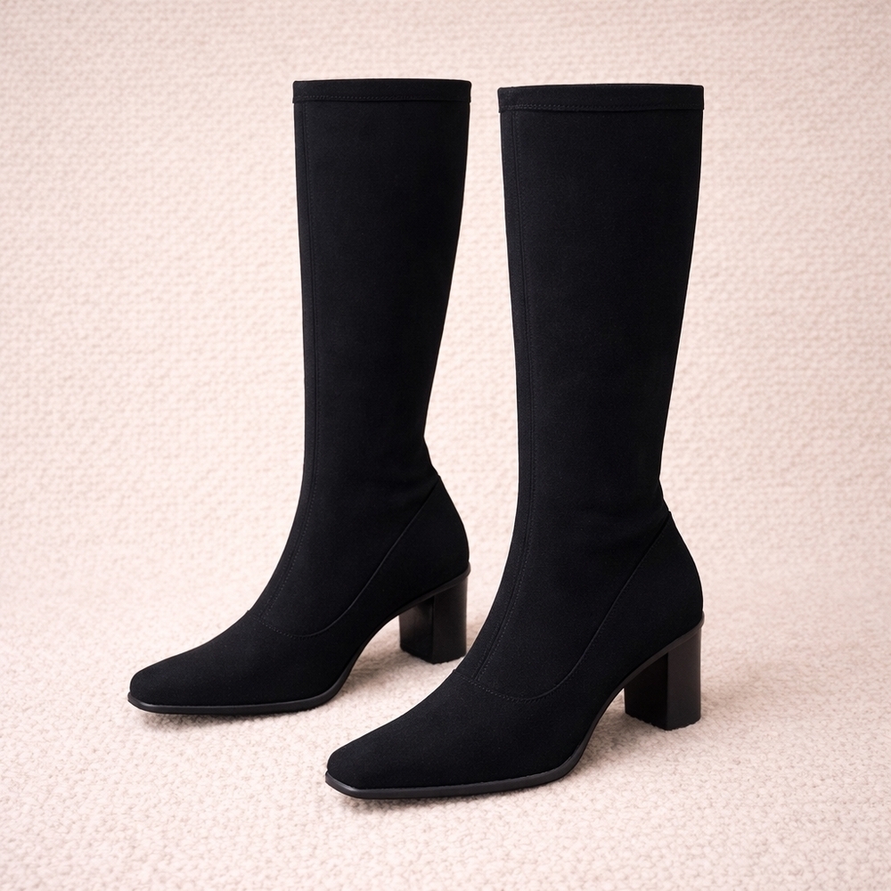 La Canadienne Black Waterproof Nylon Knee-High Boots | Size 6.5 | Block Heel Y2K